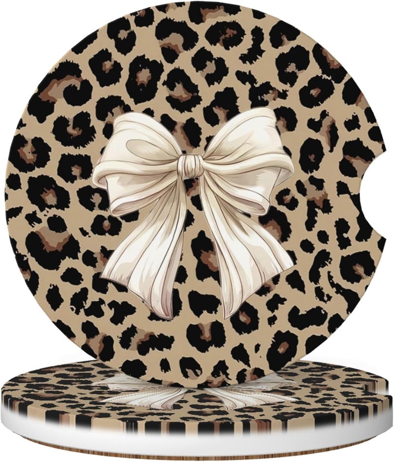 CTVSLFU Absorbent Car Coasters for Cup Holders, 2 Pack Universal Anti Slip Ceramic Cup Coaster for Women Men 2.56 Inch Car Interior Accessories - Bow Tie Brown Leopard 007 - Image 1